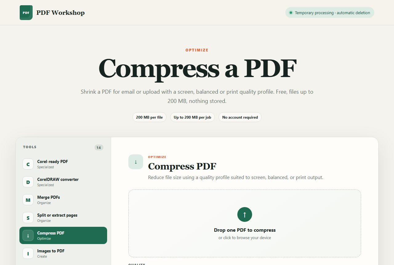 The DocTools PDF compressor with its screen, balanced and print quality profiles