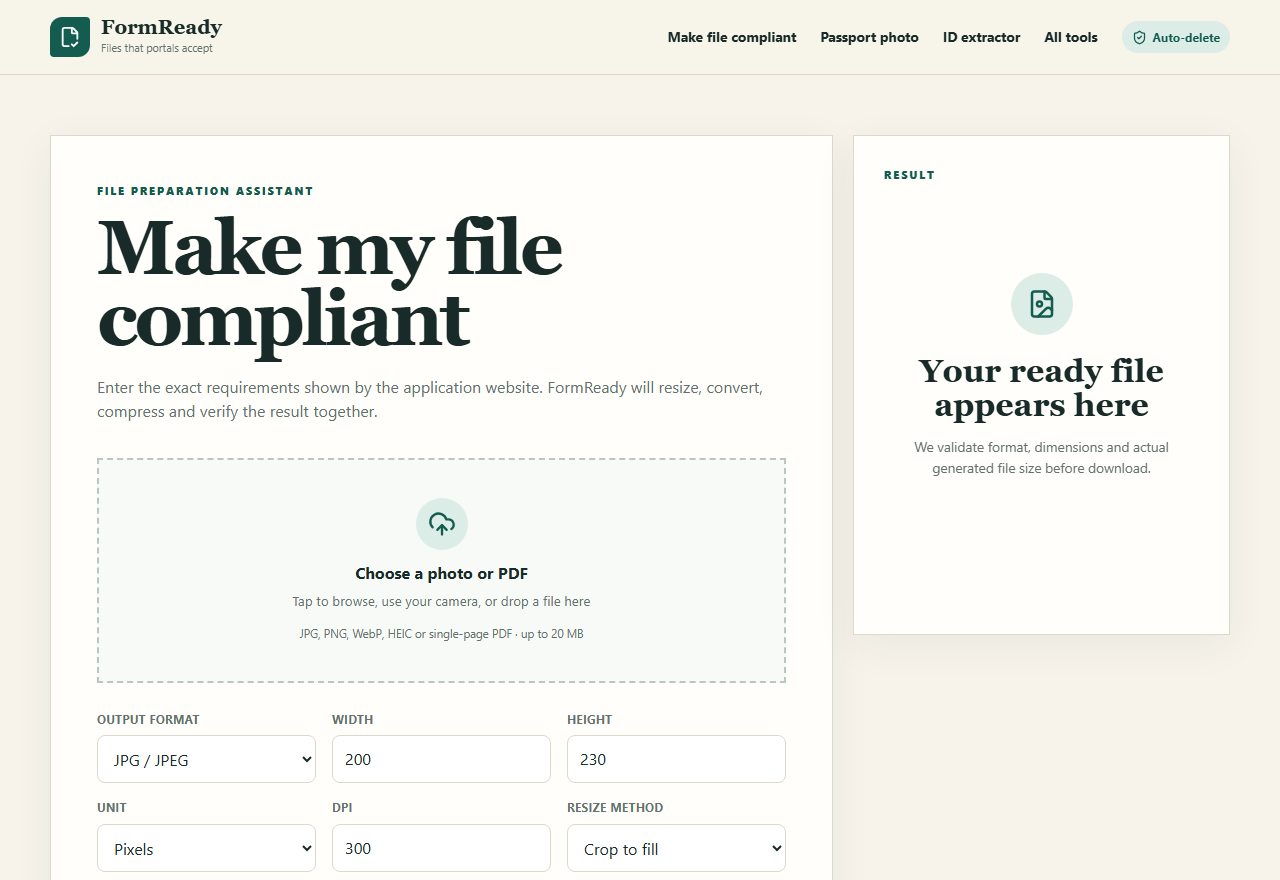 The FormReady tool with format, dimensions and file-size fields filled in