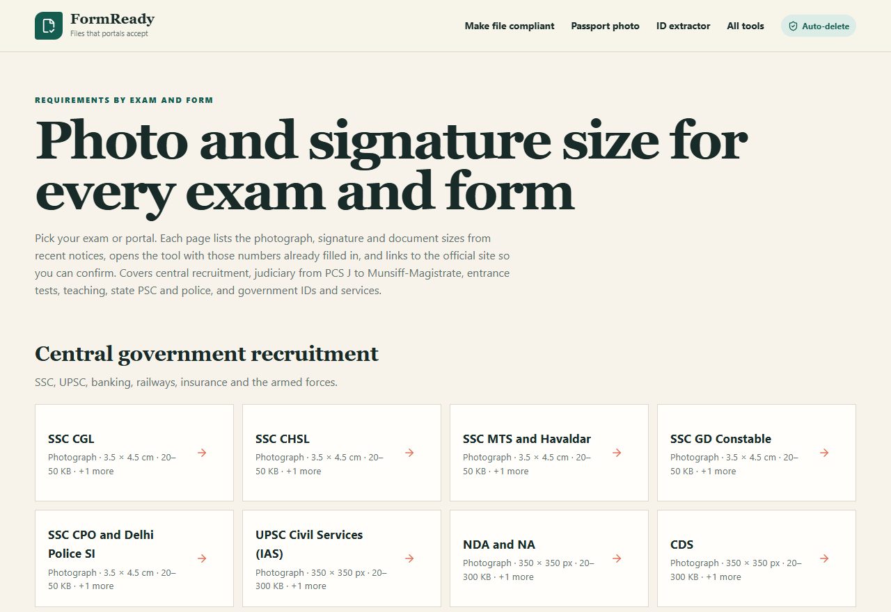 FormReady's directory of photo and signature requirements grouped by examination